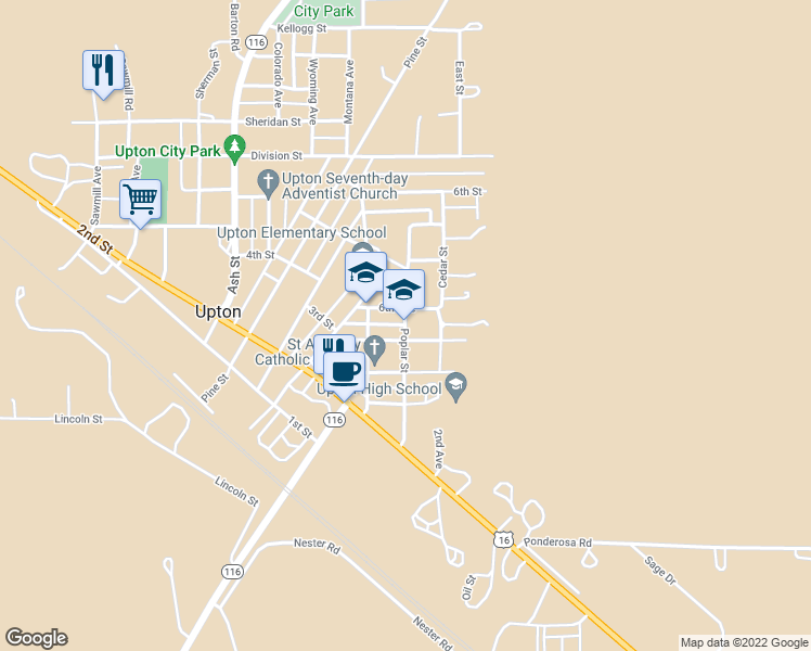 map of restaurants, bars, coffee shops, grocery stores, and more near 820 Poplar Street in Upton
