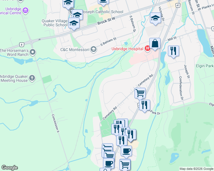 map of restaurants, bars, coffee shops, grocery stores, and more near 36 Campbell Drive in Uxbridge