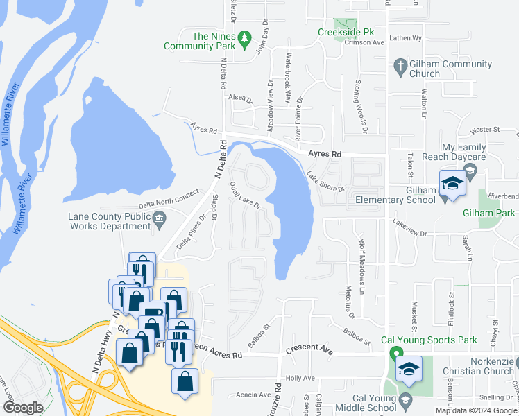 map of restaurants, bars, coffee shops, grocery stores, and more near 89 Crescent Lake Drive in Eugene