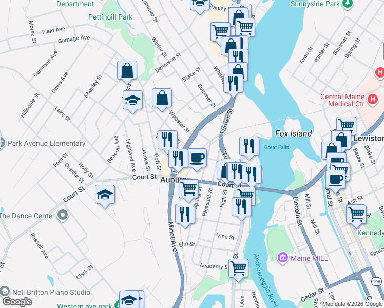 map of restaurants, bars, coffee shops, grocery stores, and more near 48 Hampshire Street in Auburn