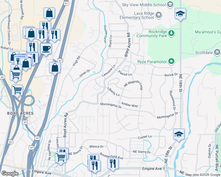 map of restaurants, bars, coffee shops, grocery stores, and more near 20686 Justice Lane in Bend