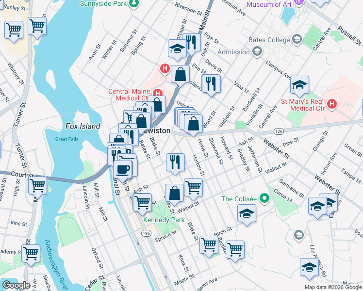map of restaurants, bars, coffee shops, grocery stores, and more near 63 Maine 126 in Lewiston