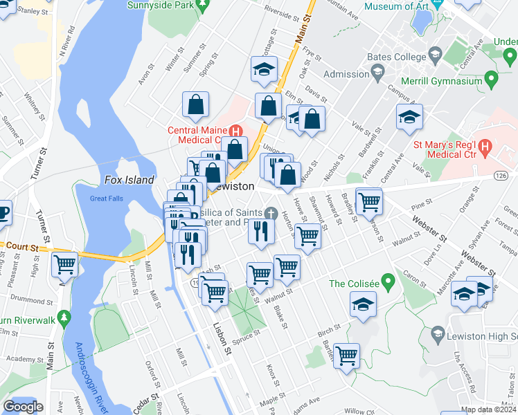 map of restaurants, bars, coffee shops, grocery stores, and more near 90R Oak Street in Lewiston