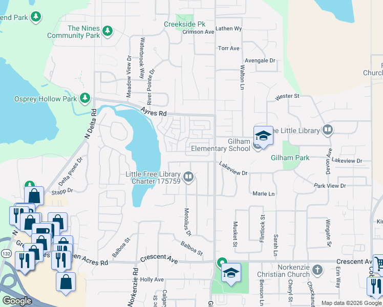 map of restaurants, bars, coffee shops, grocery stores, and more near 3128 Lake Crest Drive in Eugene