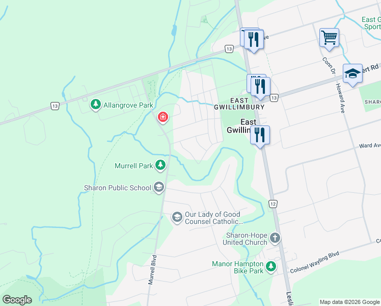 map of restaurants, bars, coffee shops, grocery stores, and more near 11 Sharonview Crescent in East Gwillimbury