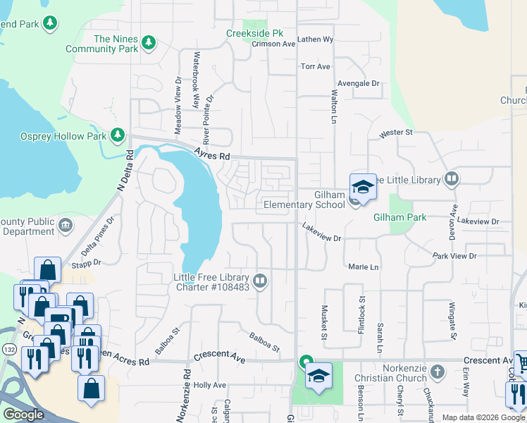 map of restaurants, bars, coffee shops, grocery stores, and more near 3128 Lake Crest Drive in Eugene