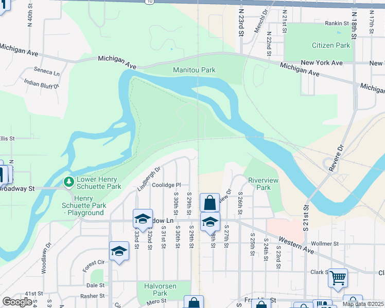 map of restaurants, bars, coffee shops, grocery stores, and more near 2902 Lindbergh Drive in Manitowoc