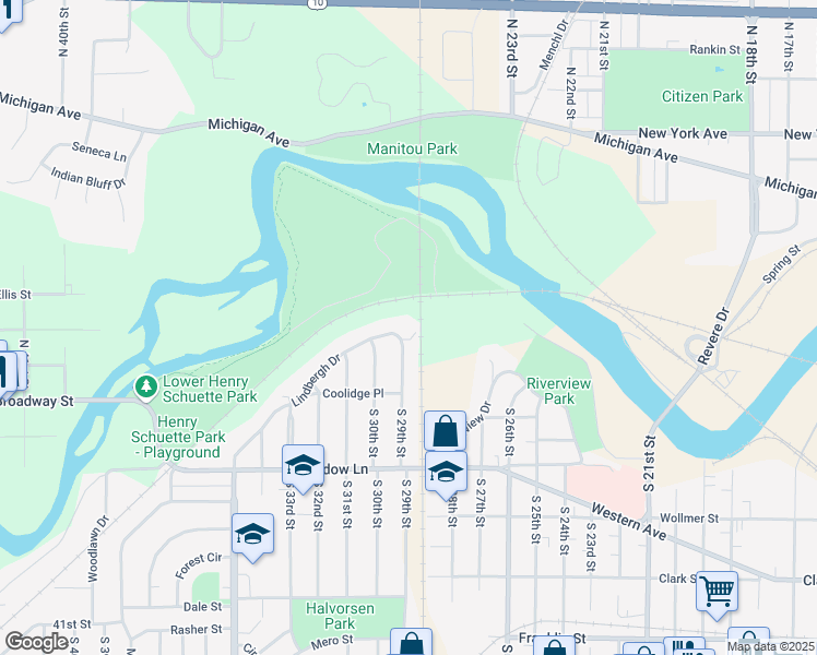 map of restaurants, bars, coffee shops, grocery stores, and more near 2902 Lindbergh Drive in Manitowoc
