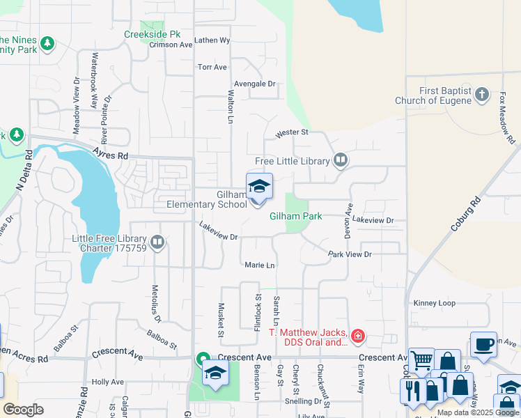 map of restaurants, bars, coffee shops, grocery stores, and more near 3307 Honeywood Street in Eugene