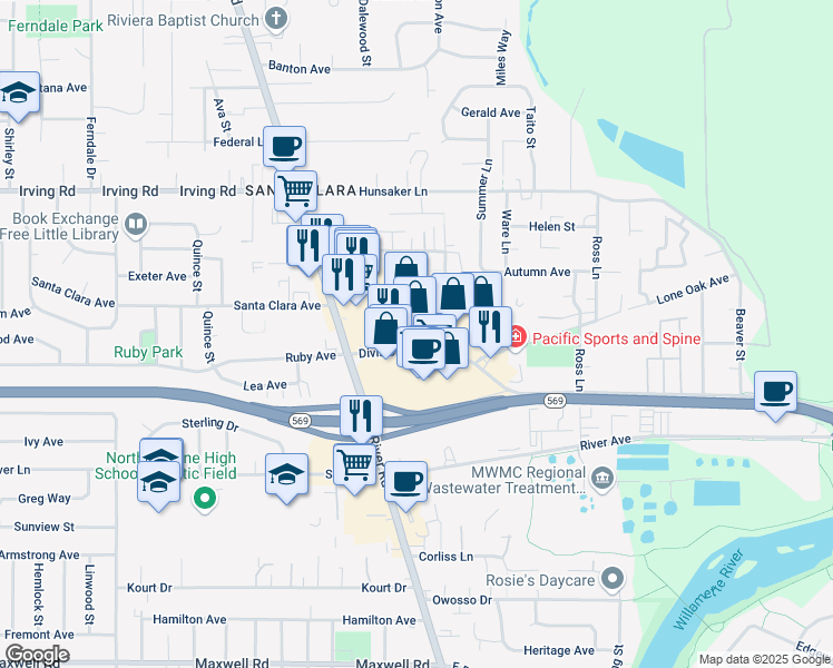 map of restaurants, bars, coffee shops, grocery stores, and more near 65 Division Avenue in Eugene