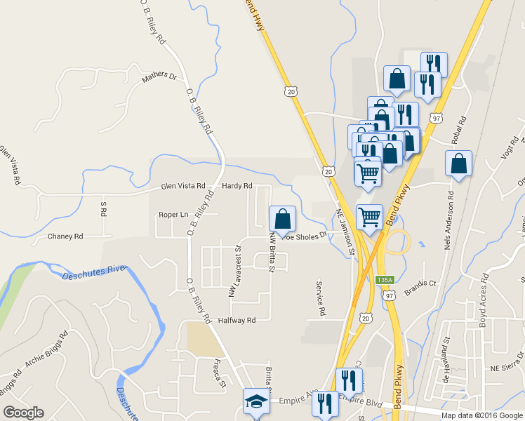 map of restaurants, bars, coffee shops, grocery stores, and more near 63351 Northwest Britta Street in Bend