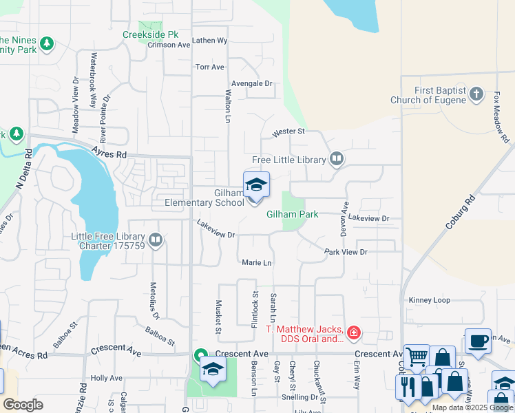 map of restaurants, bars, coffee shops, grocery stores, and more near 3307 Honeywood Street in Eugene