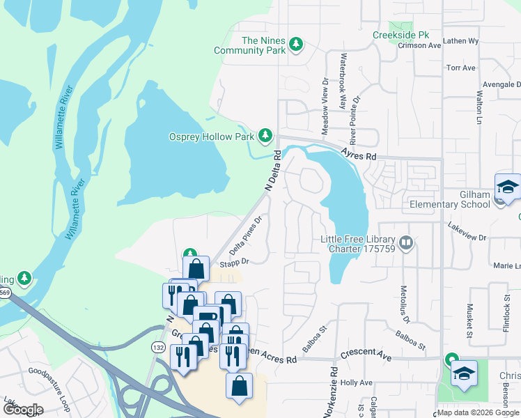 map of restaurants, bars, coffee shops, grocery stores, and more near 3097 Stapp Drive in Eugene