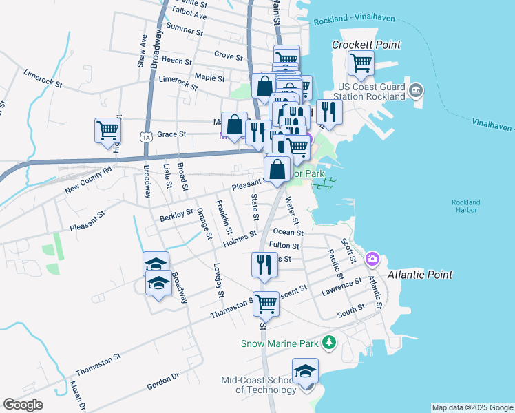 map of restaurants, bars, coffee shops, grocery stores, and more near 29 State Street in Rockland