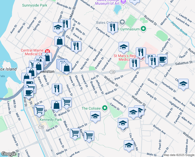 map of restaurants, bars, coffee shops, grocery stores, and more near 187 Maine 126 in Lewiston
