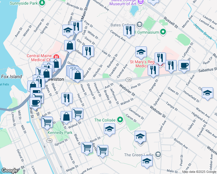 map of restaurants, bars, coffee shops, grocery stores, and more near 12 Bradley Street in Lewiston