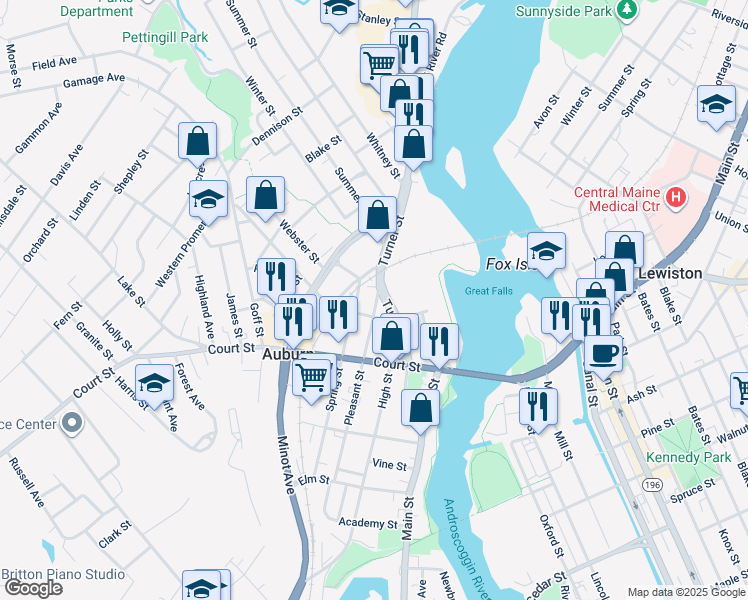 map of restaurants, bars, coffee shops, grocery stores, and more near 142 Turner Street in Auburn