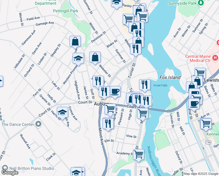 map of restaurants, bars, coffee shops, grocery stores, and more near 69 Hampshire Street in Auburn