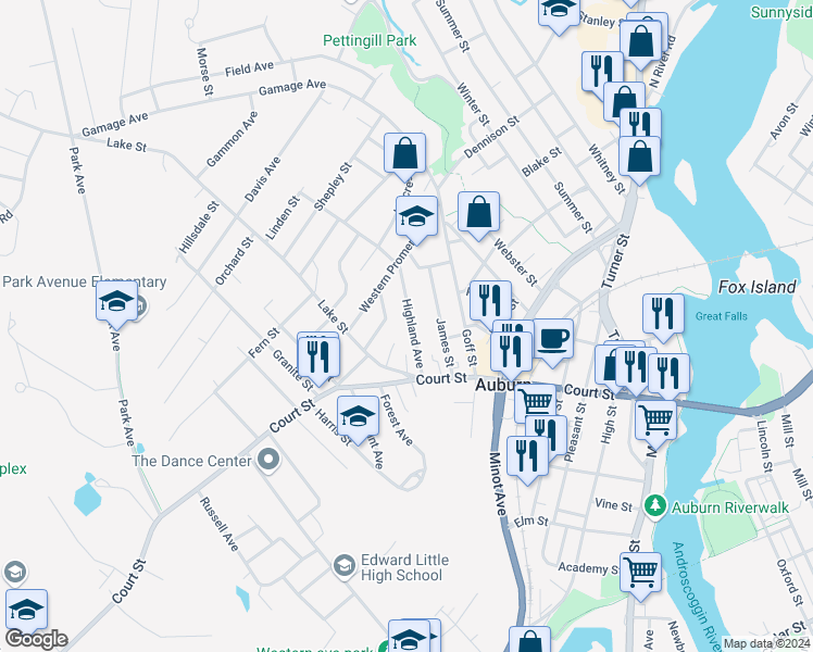 map of restaurants, bars, coffee shops, grocery stores, and more near 47 Highland Avenue in Auburn