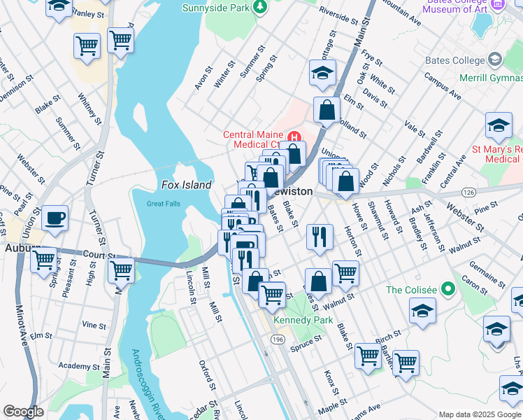 map of restaurants, bars, coffee shops, grocery stores, and more near 2 Main Street in Lewiston
