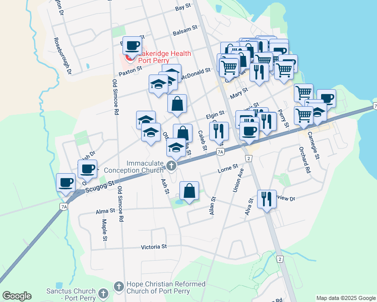 map of restaurants, bars, coffee shops, grocery stores, and more near 20 Ella Street in Port Perry