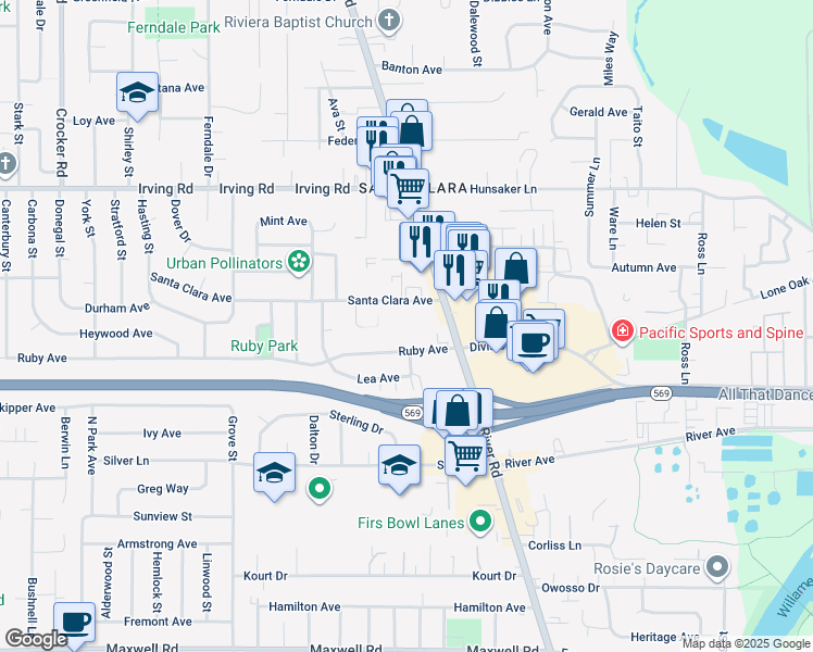 map of restaurants, bars, coffee shops, grocery stores, and more near in Eugene