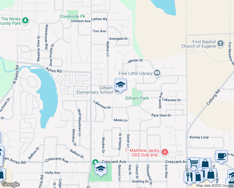 map of restaurants, bars, coffee shops, grocery stores, and more near 3307 Honeywood Street in Eugene