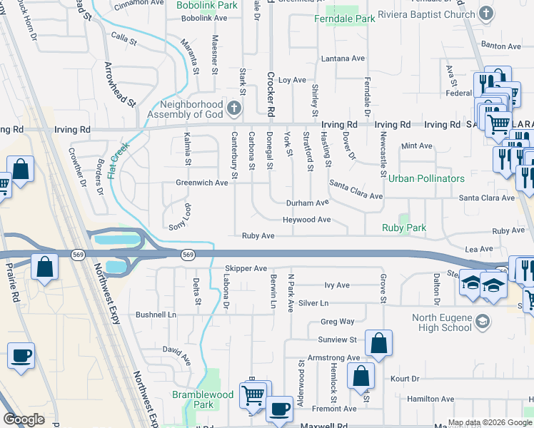 map of restaurants, bars, coffee shops, grocery stores, and more near 725 Heywood Avenue in Eugene