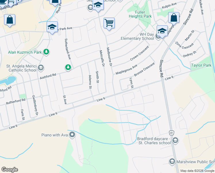 map of restaurants, bars, coffee shops, grocery stores, and more near 31 Metcalfe Drive in Bradford West Gwillimbury