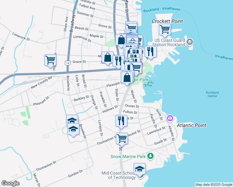 map of restaurants, bars, coffee shops, grocery stores, and more near 29 State Street in Rockland