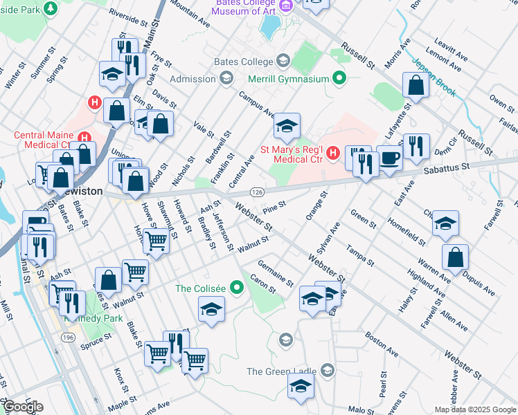 map of restaurants, bars, coffee shops, grocery stores, and more near 247 Sabattus Street in Lewiston