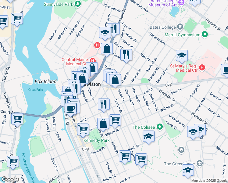 map of restaurants, bars, coffee shops, grocery stores, and more near 63 Maine 126 in Lewiston