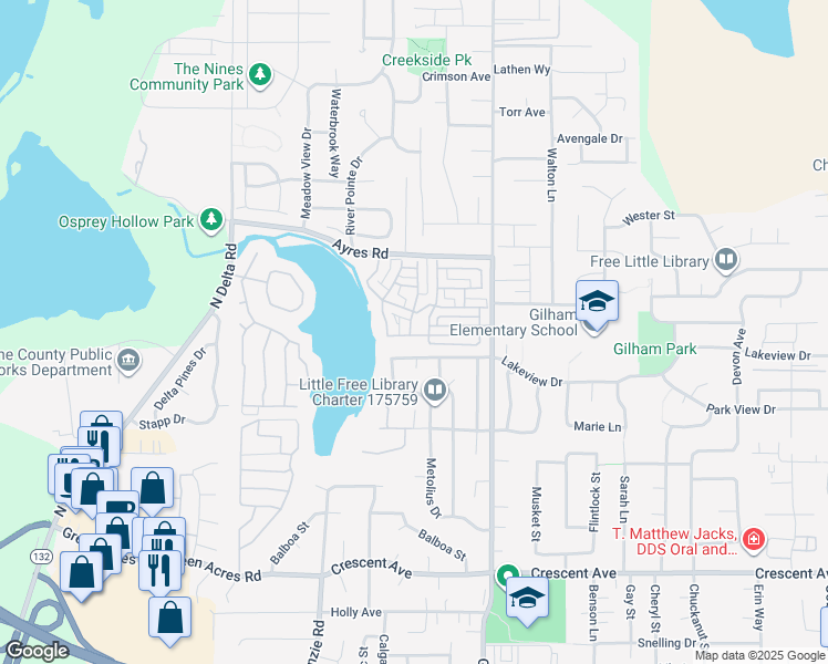 map of restaurants, bars, coffee shops, grocery stores, and more near 3243 Lakemont Drive in Eugene