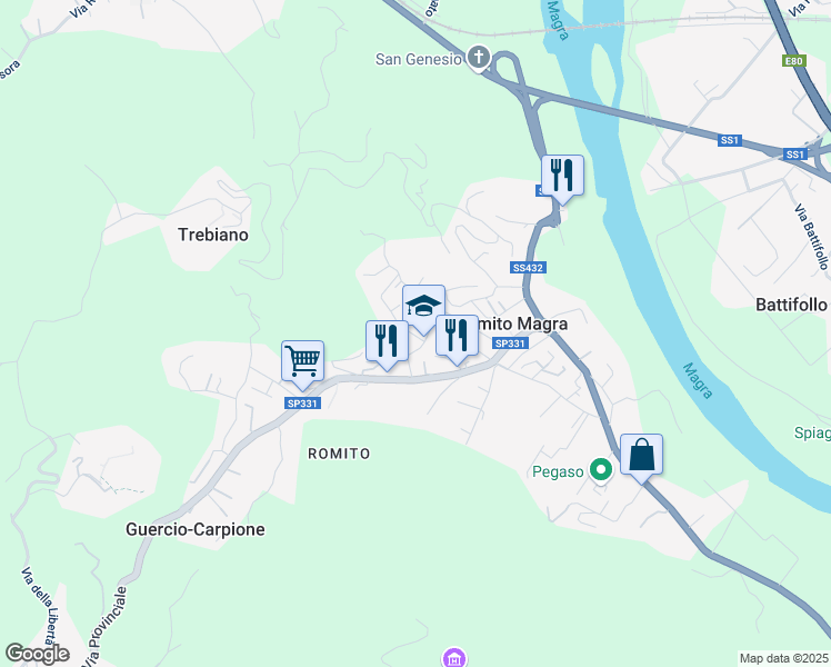 map of restaurants, bars, coffee shops, grocery stores, and more near 40 Via Canonica in Romito Magra