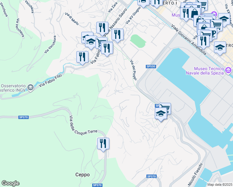 map of restaurants, bars, coffee shops, grocery stores, and more near 74 Via dei Buggi in La Spezia