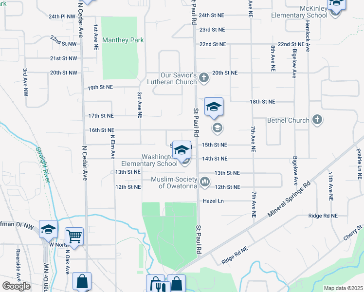 map of restaurants, bars, coffee shops, grocery stores, and more near 464 Saint Paul Place in Owatonna