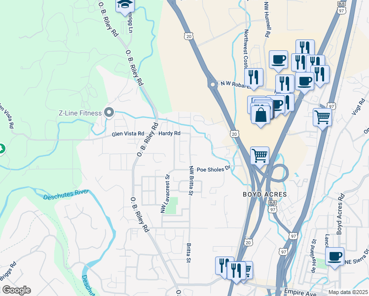 map of restaurants, bars, coffee shops, grocery stores, and more near 63351 Northwest Britta Street in Bend