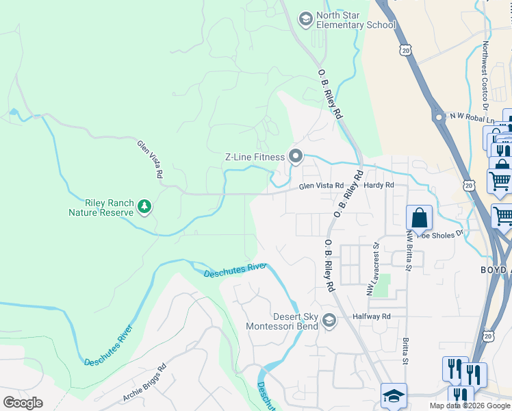 map of restaurants, bars, coffee shops, grocery stores, and more near 63330 South Road in Bend