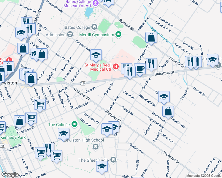 map of restaurants, bars, coffee shops, grocery stores, and more near 32 Orange Street in Lewiston
