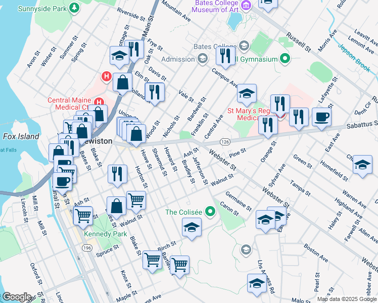 map of restaurants, bars, coffee shops, grocery stores, and more near 12 Bradley Street in Lewiston