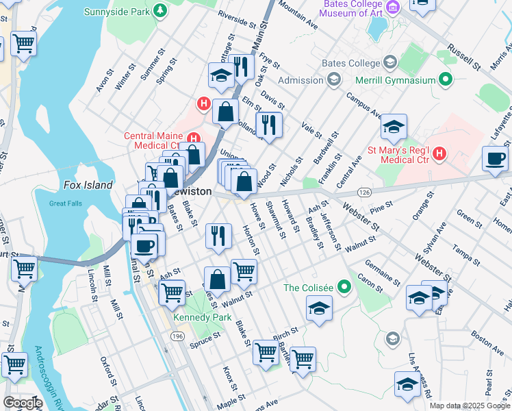 map of restaurants, bars, coffee shops, grocery stores, and more near 93 Sabattus Street in Lewiston