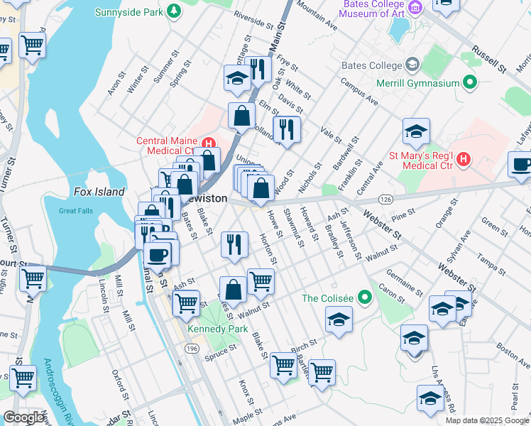 map of restaurants, bars, coffee shops, grocery stores, and more near 93 Sabattus Street in Lewiston
