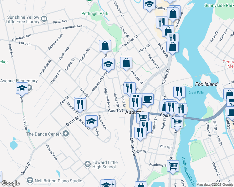 map of restaurants, bars, coffee shops, grocery stores, and more near 58 Goff Street in Auburn