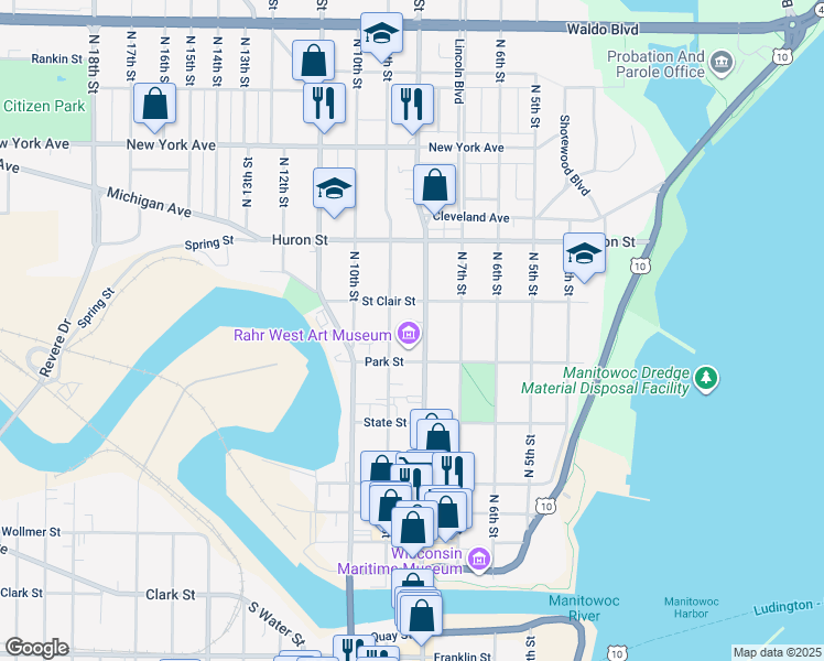 map of restaurants, bars, coffee shops, grocery stores, and more near 627 North 9th Street in Manitowoc