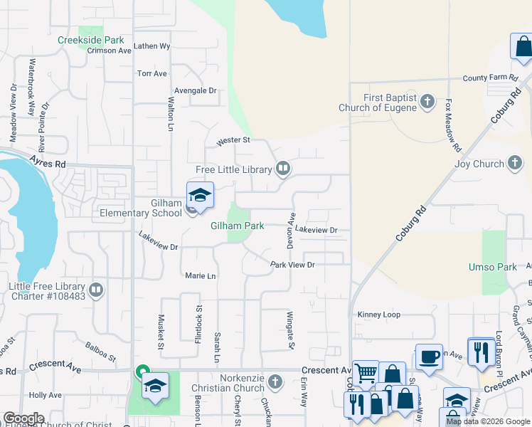 map of restaurants, bars, coffee shops, grocery stores, and more near 3149 Riverbend Avenue in Eugene