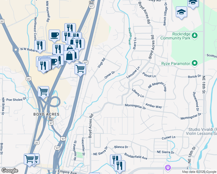 map of restaurants, bars, coffee shops, grocery stores, and more near 63319 Lamoine Lane in Bend