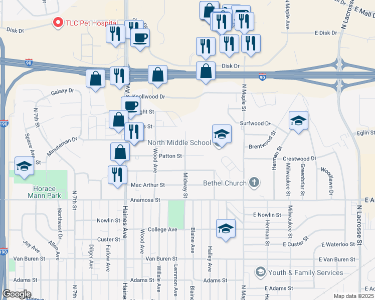 map of restaurants, bars, coffee shops, grocery stores, and more near 1508 Midway Street in Rapid City