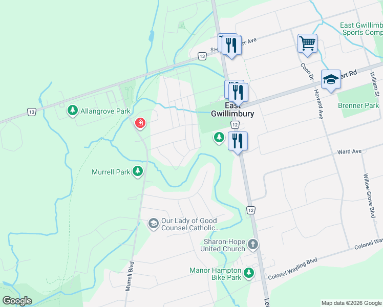 map of restaurants, bars, coffee shops, grocery stores, and more near 1 Carratuck Street in East Gwillimbury