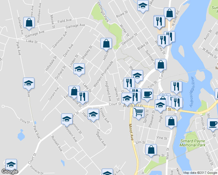 map of restaurants, bars, coffee shops, grocery stores, and more near 47 Highland Avenue in Auburn