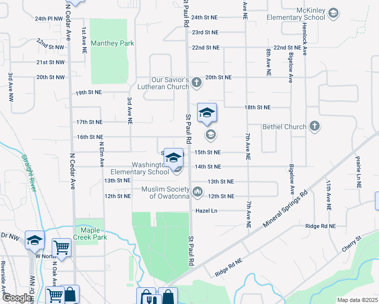 map of restaurants, bars, coffee shops, grocery stores, and more near 500 15th Street Northeast in Owatonna